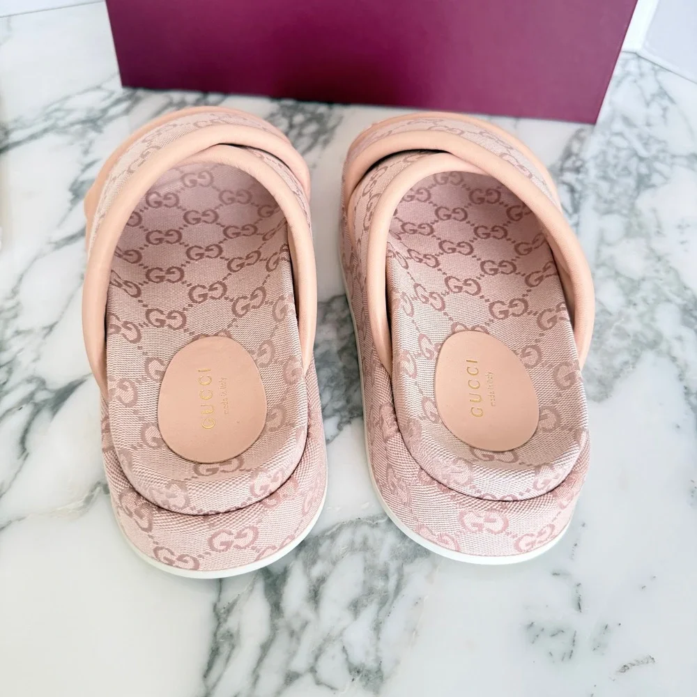 Gucci GG Canvas Platform Slide Sandals Pink Crisscross 816798 FAD9D 6845 Size 39
